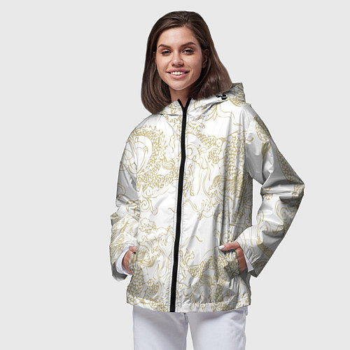 Женская ветровка Золотой дракон в виде узора на белом / 3D-Черный – фото 3