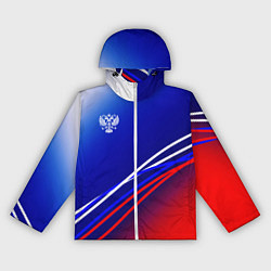 Ветровка с капюшоном женская Герб России на фоне цветов флага с полосами, цвет: 3D-белый