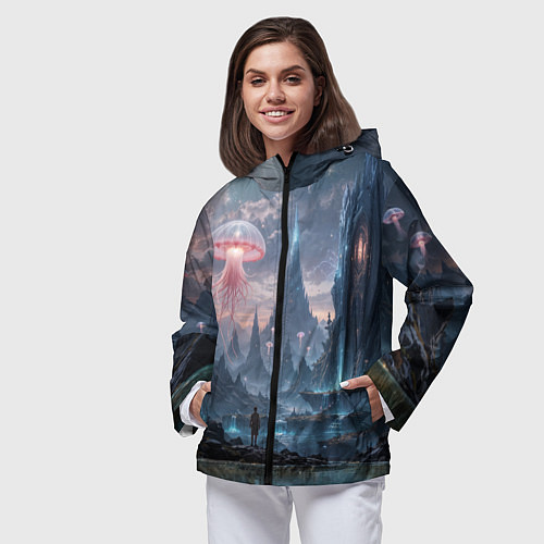 Женская ветровка Фантастический мир с медузами и озеро у гор / 3D-Черный – фото 3