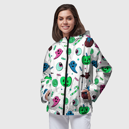 Женская ветровка Halloween light green pumpkin - паттерн / 3D-Черный – фото 3