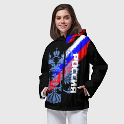 Ветровка с капюшоном женская Россия с флагом и гербом на чёрном фоне, цвет: 3D-черный — фото 2
