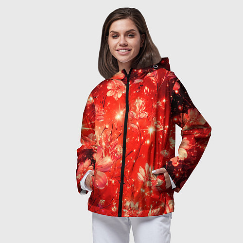 Женская ветровка Цветочный красный с искрами / 3D-Черный – фото 3