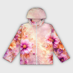 Ветровка с капюшоном женская Нежный розовый цветочный с золотистым свечением, цвет: 3D-белый