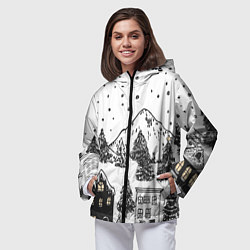Ветровка с капюшоном женская Заснеженный черно-белый город, цвет: 3D-черный — фото 2