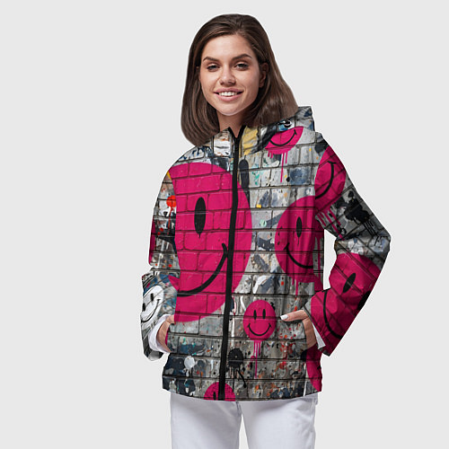 Женская ветровка Розовые смайлы граффити / 3D-Черный – фото 3